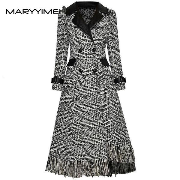 

womens wool blends maryyimei fashion woolen cloth plaid windbreaker overcoat autumn women double breasted asymmetric tassel long sleeve 2308, Black