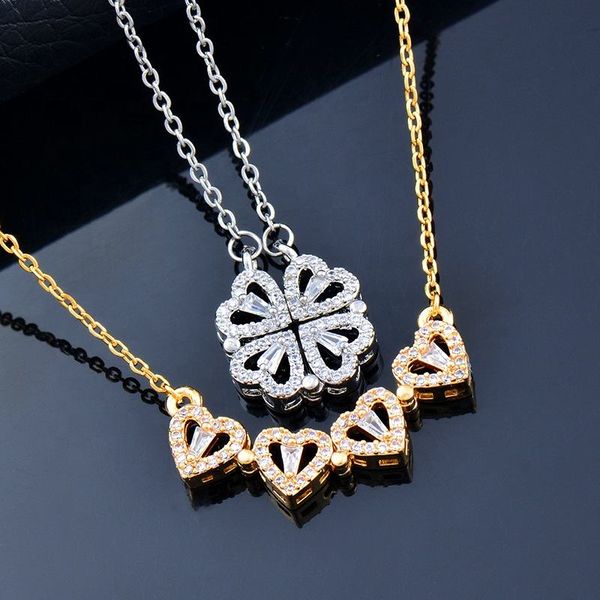 

creative magnetic folding heart-shaped jewelry party gift four-leaf clover necklace magic heart shaped necklace, Silver