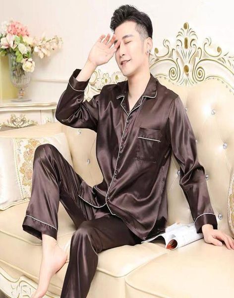 

men pajamas set solid satin summer long sleeve autumn homewear silk men sleepwear suit casual dormir pyjamas male sleep l4577251, Black;brown