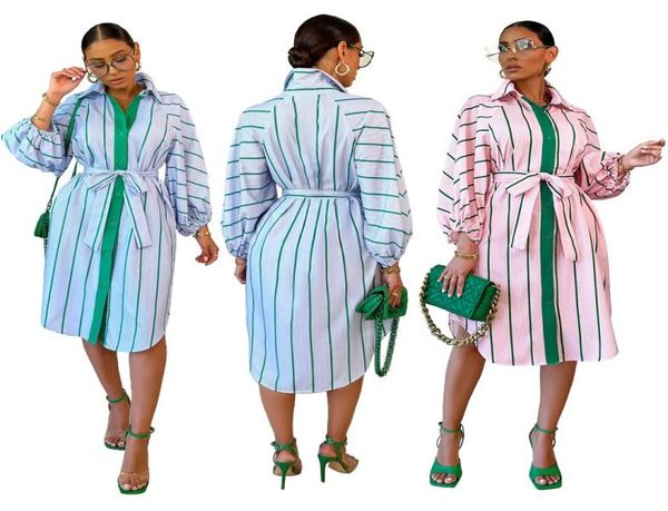 

2022 autumn elegant women stripes printing shirt dresses with sash fashion turn down neck long sleeves office lady party dress8978726, White;black