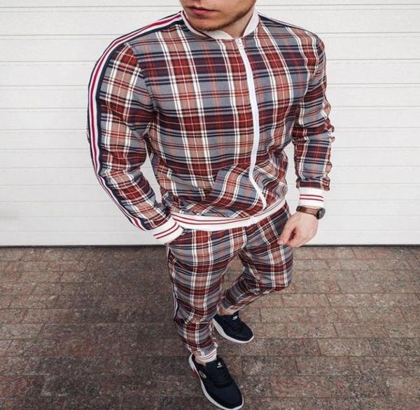 

men track suit high street sets zipper jacket checkered0124446189, Gray