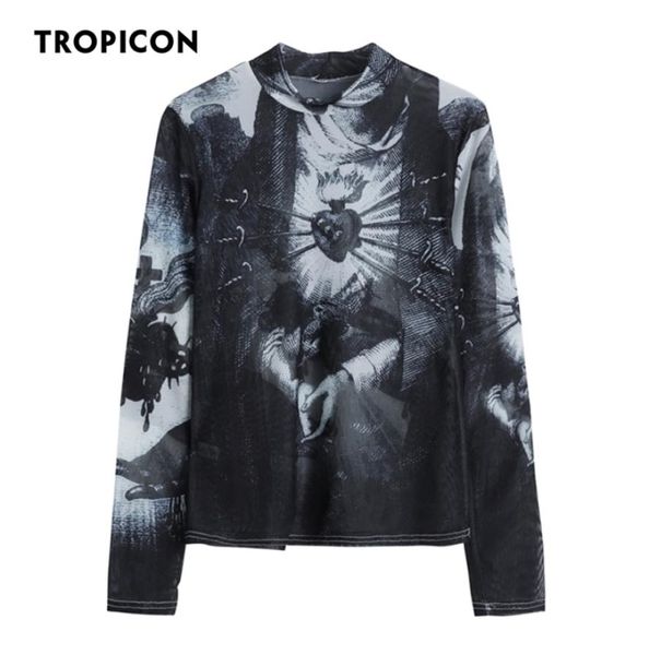 

tropicon goth mesh women trend fashion graphic t shirts long sleeve turtleneck see through tshirts european clothing 2205275184829, White