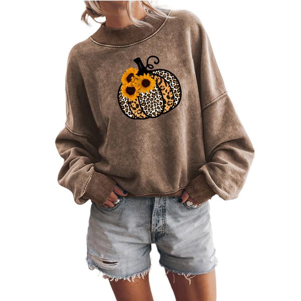 

new women's halloween pumpkin print casual loose long-sleeved hoodie, Black