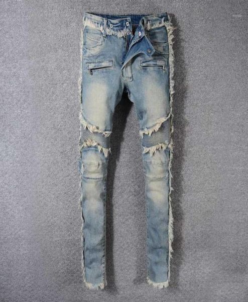 

men039s jeans vintage washed denim fringe biker for moto fashion slim fit straight patchwork pants big and tall trousers6418967, Blue