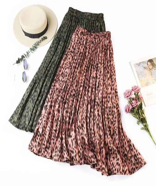 

summer women casual fashion leopard print long skirt elastic waist pleated silk touch aline summer skirt6973675, Black