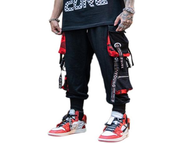 

godlikeu hip hop joggers men letter ribbons cargo pants pockets tactical casual male trousers sweatpants sport streetwear6209310, Black