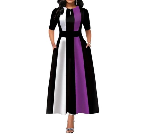 

party dresses women elegant half sleeve patchwork office lady long summer femme vintage aline o neck strip maxi dress4312145, White;black