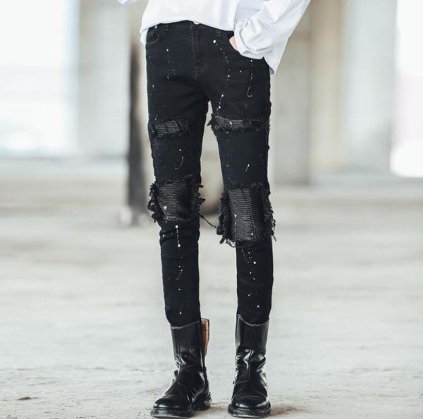 

men039s breaking hole jeans slim painting splicing casual hip hop punk style jeans pants8410721, Blue