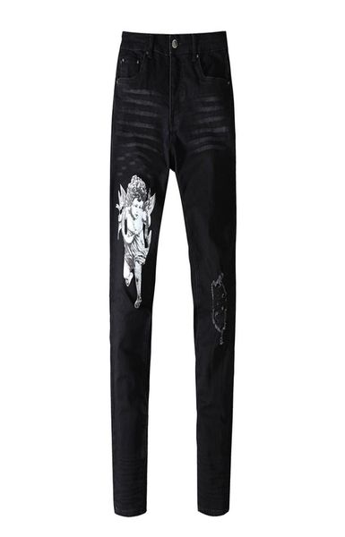 

mens jeans hole angel printing new design european and american washed old pants fashion4153900, Blue