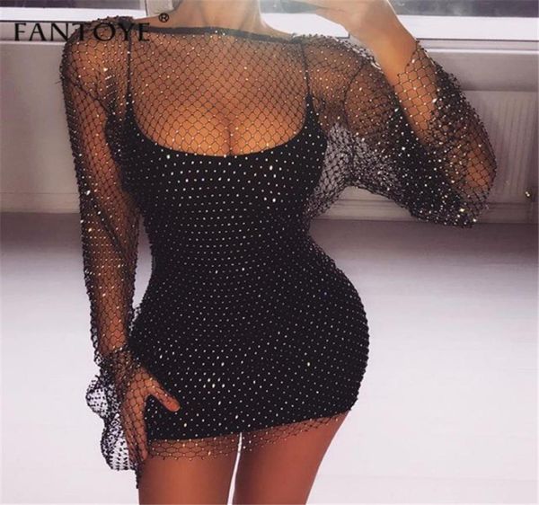 

fantoye 2020 new crystal diamond bodycon dress women hollow out mini dress summer fishnet mesh beach party vestidos6268948, Black;gray