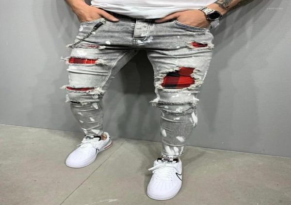 

men039s jeans denim men ripped jogging patchwork hiphop spraypainted pencil trousers pure color medium waist pants man17531494, Blue