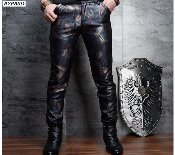 

skinny leather pants men fashion printed slim fit pu faux leather trousers zipper mens biker trouser16459976, Black