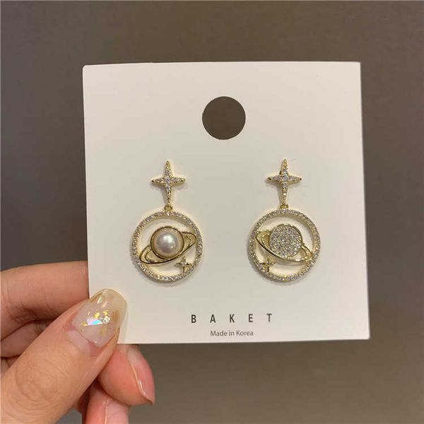 

luyi jewelry south korea east gate 925 silver needle full diamond pearl saturn earrings temperament long personalized earrings female, Golden