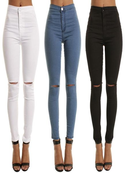 

high waist casual skinny jeans for women hole girls slim knee ripped denim pencil pants elasticity black blue trousers6342324