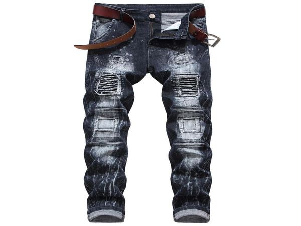 

mens jeans new fashion elastic personality motorcycle style patchwork denim trousers ripped jjeans for men stretch ripped2163231, Blue