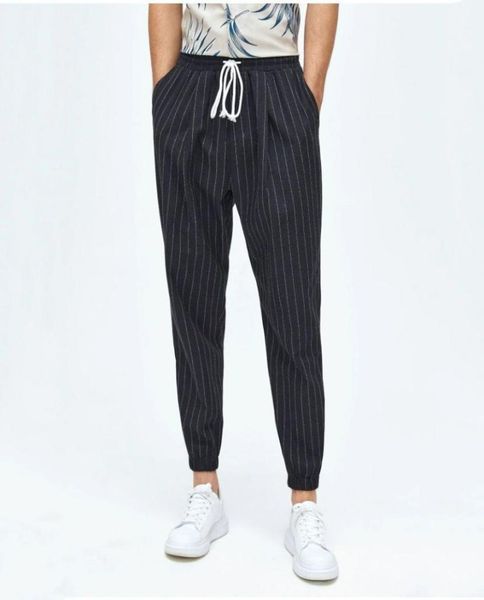 

men pinstriped drawstring waist pants w9ga012345678327769205682020, Black