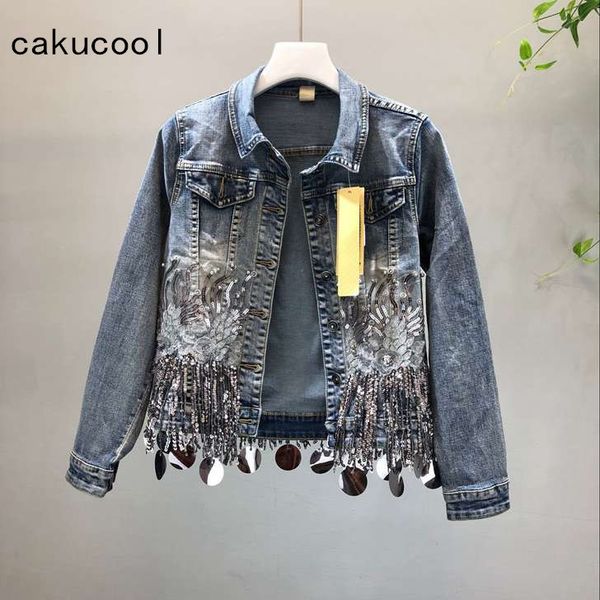 

womens jackets cakucool sequins tassels floral embroid denim coat women beading shiny jeans jacket slim blue coats jaqueta casaco feminino 2, Black;brown