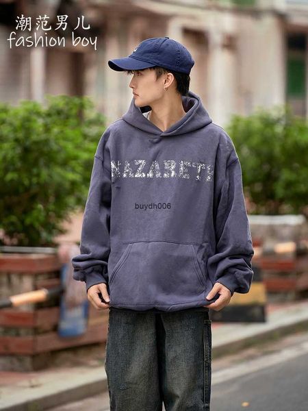 

men's hoodies sweatshirts saint michael graffiti hand-painted vintage worn and washed old high street loose velvet hooded sweater vwug, Black