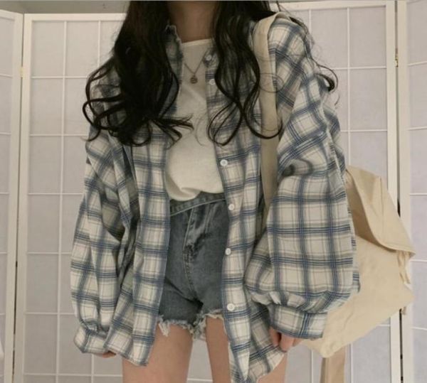 

new arrival women vintage plaid oversized blouse lantern sleeve turn down collar white shirt button up casual 7756397