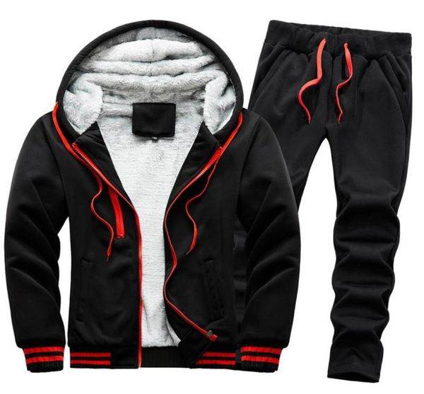 

winter warm mens hoodies tracksuit fleece matching suit fashion velvet sweatshirt brand clothing men set jacket pants6583569, Gray