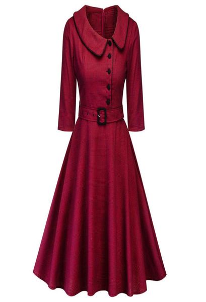 

women elegant spring wine red party dress feminino vestidos audrey 1960s swing rockabilly robebutton belts formal dress6207735, Black;gray
