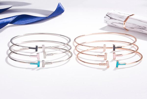 

s925 sterling silver double letter bracelet fashion sterling silver enamel epoxy inlaid diamond open bracelet men and women letter3765857, Black