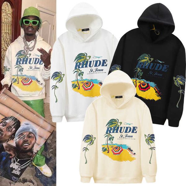 

men's hoodies sweatshirts rhude 2023 gustavia beach club coconut tree beach loose youth hooded fleece sweater 05we, Black