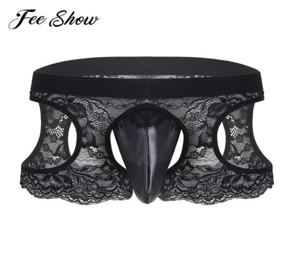 

black sissy men lingerie lace hollow out low waistline crotchless open butt boxer underwear homme bulge pouch panties6177045, Black;white