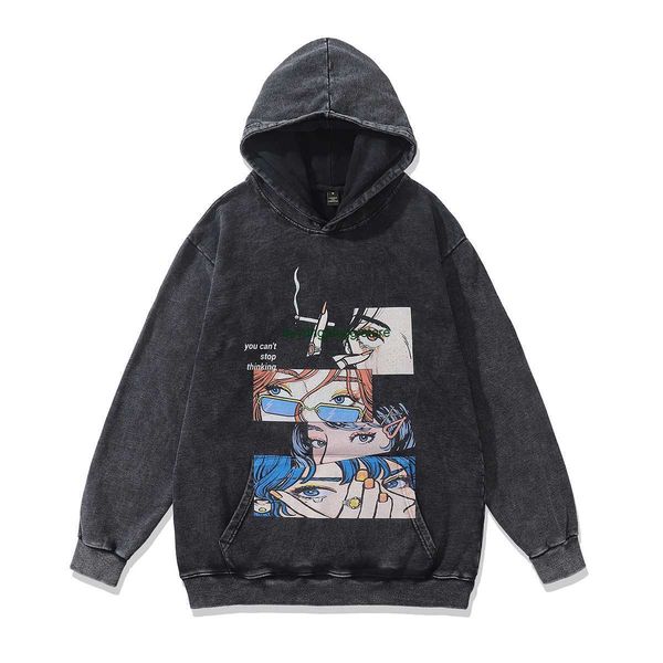 

ykj2 men's hoodies sweatshirts american style washed and vintage trendy couple hoodie street rhude hoodie oversiz shoulder drop, Black