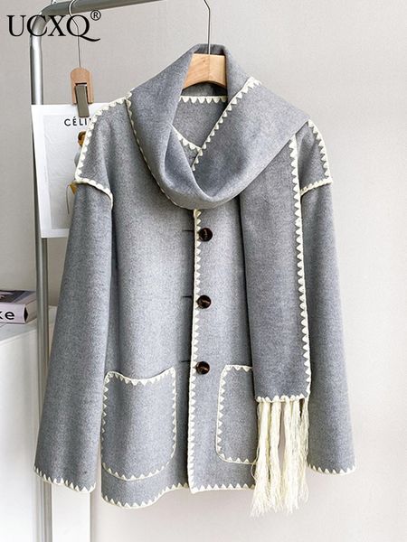 

womens wool blends ucxq autumn woolen overcoat knitted tassels cloak style mixed color single breasted midi long coat available stock fast d, Black