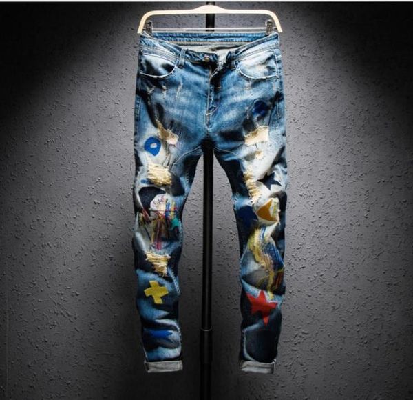 

ripped pant mens colored patchwork ripped jeans casual embroidery stretch denim pant slim fit straight trousers size 28 36 j30373337518, Blue