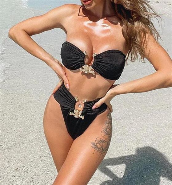 

women039s swimwear 2021 beach brand design bikini solid color tube high waist swimsuit metal accessories female manufa9895918, White;black