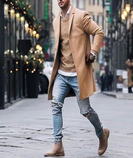 

autumn winter mens brand fleece blends jacket male overcoat casual solid slim collar coats long cotton trench coat streetwear2522503, Tan;black