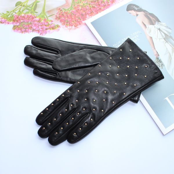 

five fingers gloves women  sheepskin leather fashion belt warm velvet lining winter 230818, Blue;gray