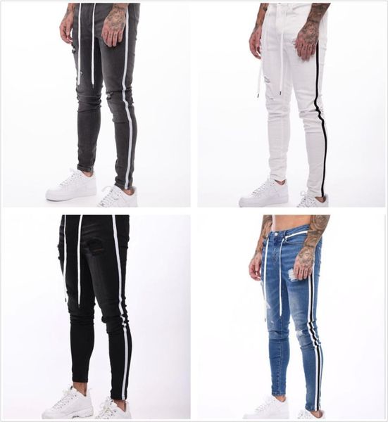 

side stripes distressed ripped washed destroyed straight slim fit jeans fashion designer vintage patches business elastic casual t7661339, Blue