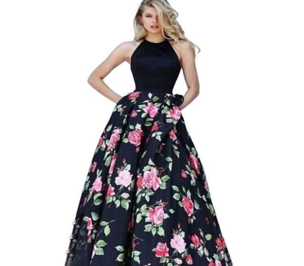 

fashion woman dress sleeveless backless halter dress floral printed large swing wedding party clothing 31342258605987, White;black