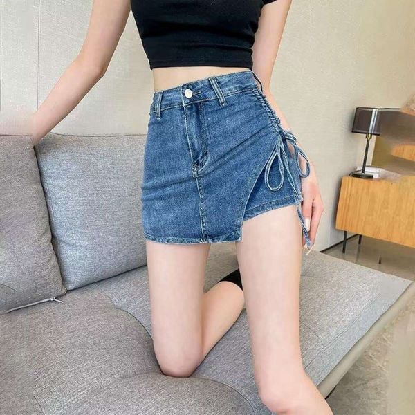 

summer style drawstring denim short skirt female a line high waist skinny babe butt covering, Black