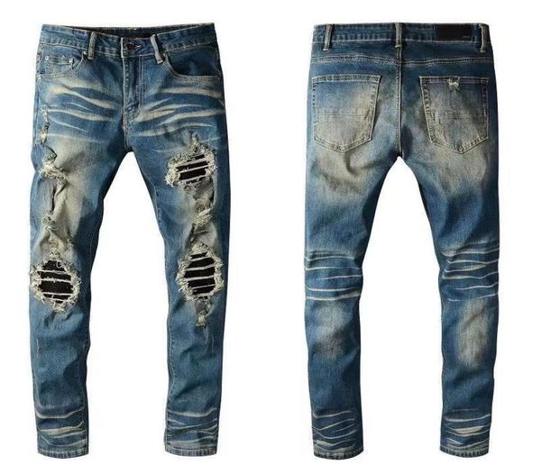 

2021 mens jeans europe and the united states hiphop slimfit trendy brand hole patch stitching motorcycle high street6251631, Blue