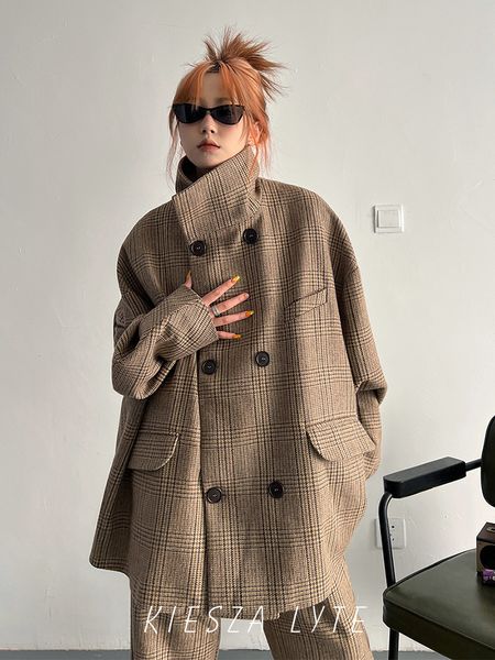 

womens jackets streetstyle autumn winter retro plaid wool blends coat loose cloak silhouette with highend feel set 230818, Black;brown