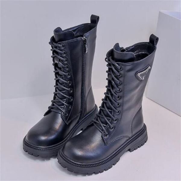 

designer kids long boots fashion black pu leather boys girls side zipper mid-calf martin boot luxury chic children winter shoes, Black;grey