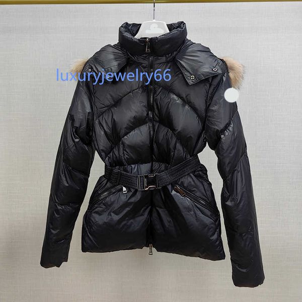 

luxury designer womens down parkas embroidered badge short waistband slimming fur collar hood puffer jacket for women thickened warm winter, Black