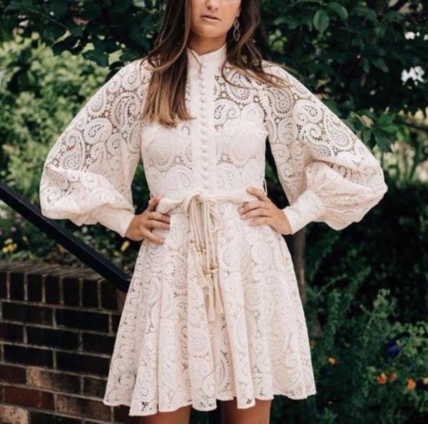 

fashion runway dress women autumn 2020 lace embroidery hollow out white dresses elegant long sleeve laceup slim party dress1712222, Black;gray