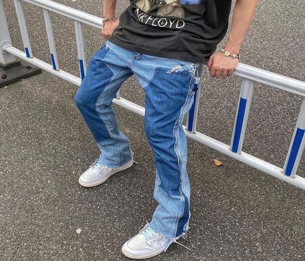 

high street color spliced washed jeans mens oversize wide leg straight denim flare pants retro loose casual trousers5784443, Blue