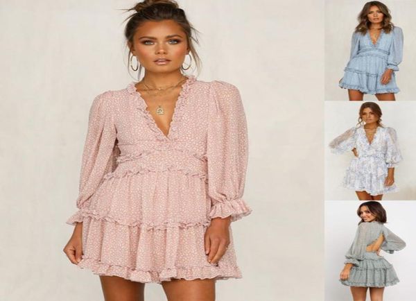 

2020 new boho floral mini dress backless chiffon beach dress long sleeve aline ruffle party summer pink sundresses1427440, Black;gray
