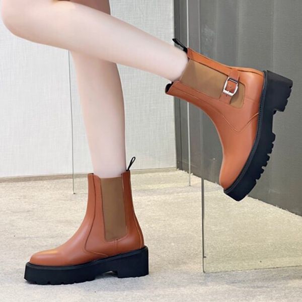 

chelsea platform boots designer triumphal arch women shoes closed toe booties 100% cowskin elastic buckle strap doc martens fashion winter t, Black