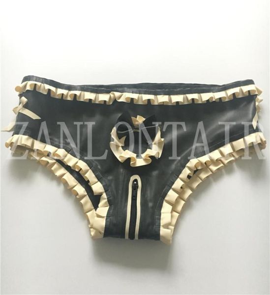 

2018 new ss women handmade latex black spliced white lingerie purfle shorts underwear crotch zipper bowknot fetish cost1462252