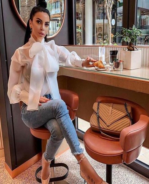 

summer bowknot bow tie organza white sheer blouse women lantern sleeve shirt office lady elegant blouses femininos5557617