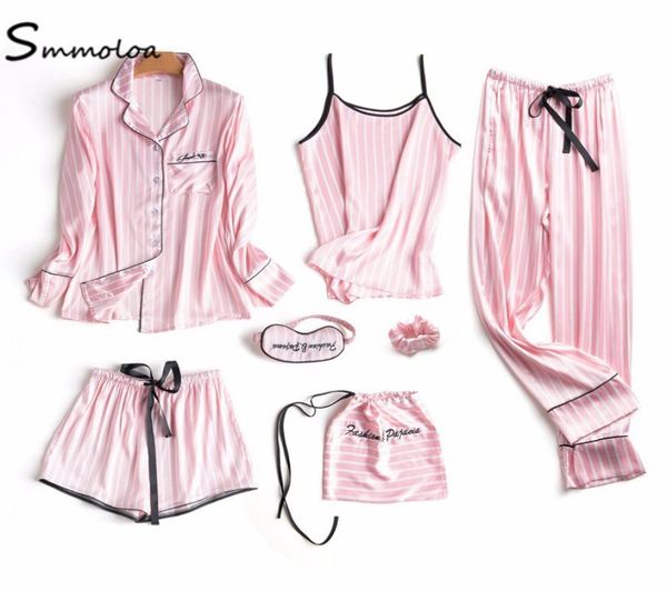 

smmoloa women silk satin striped pajamas set 7piece spring summer sleepwear pyjamas sets1609017, Black;red