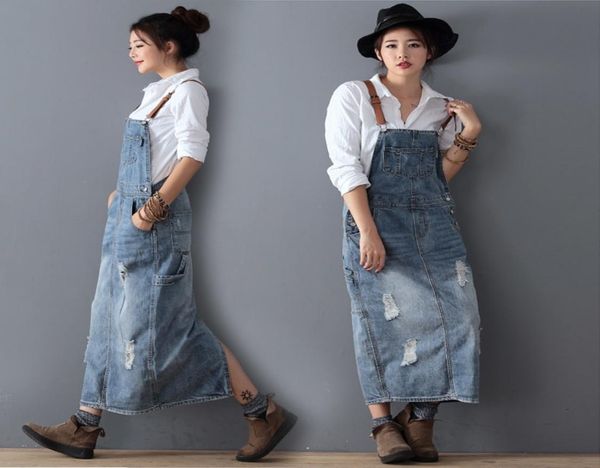 

fashion maxi denim summer ladies suspenders holes dresses female loose plus size bib blue jeans long dress 8075 y200120 es8757381, White;black