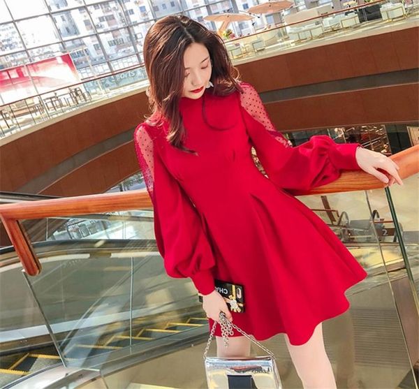 

casual dresses 2021 spring women mesh high street elegant vintage lantern sleeve mini dress solid aline party vestidos k4189830613, Black;gray